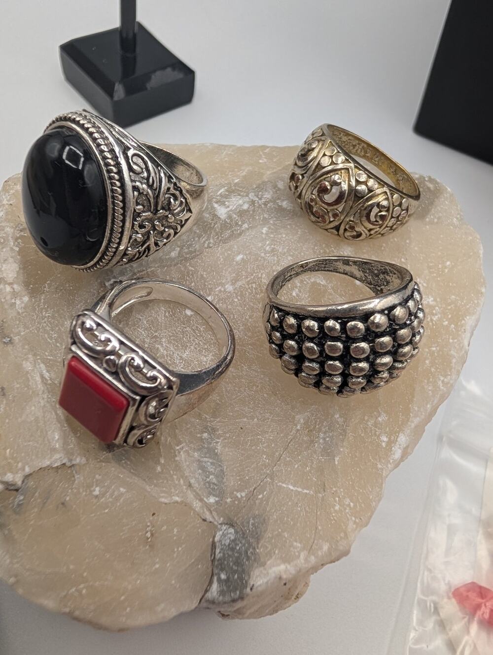 Lot of 4 Fashion Rings, Silver Tone & Gold Tone, Onyx, Red Stone, Dome Styles